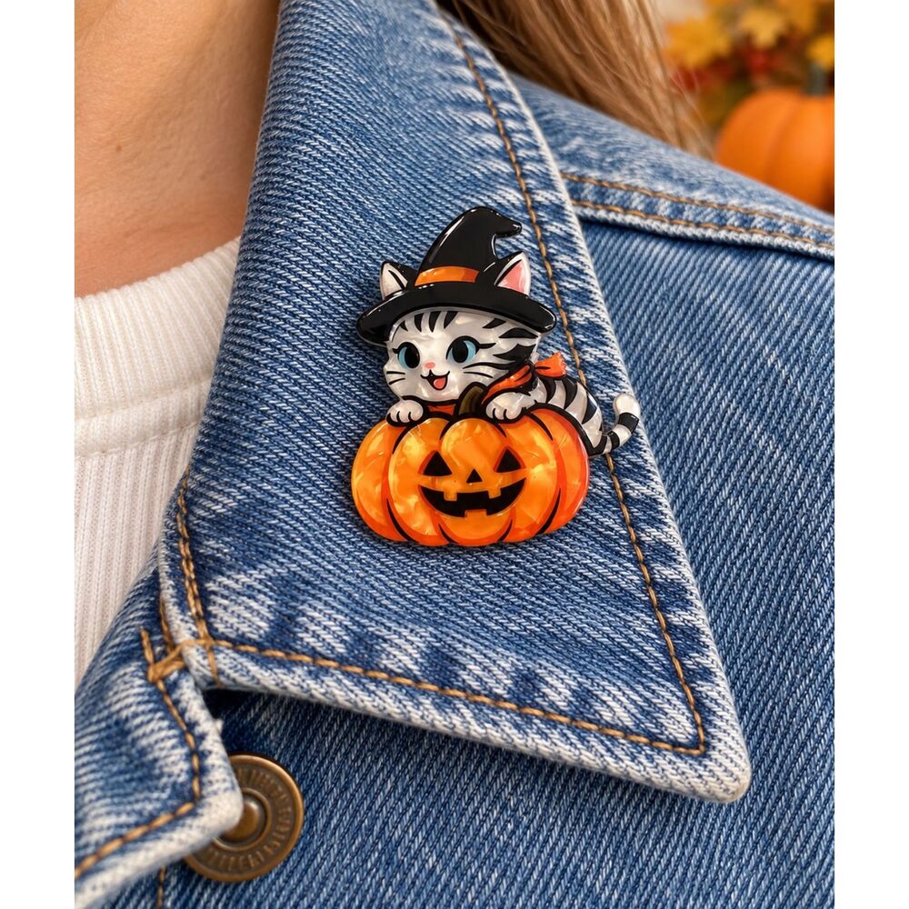 Halloween Cat Witch Pumpkin Brooch Pin Acrylic Jack O Lantern 2.48" New